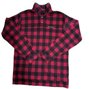 Eddie Bauer XLT Red Black Buffalo Plaid Fleece Snap Pullover Sweater Sweatshirt